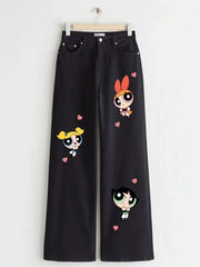 BLACK POWERPUFF GIRLS WIDE LEG JEANS