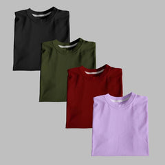 PACK OF 4 BASIC TSHIRTS (BLACK-OLIVE GREEN-MAROON-LILAC)