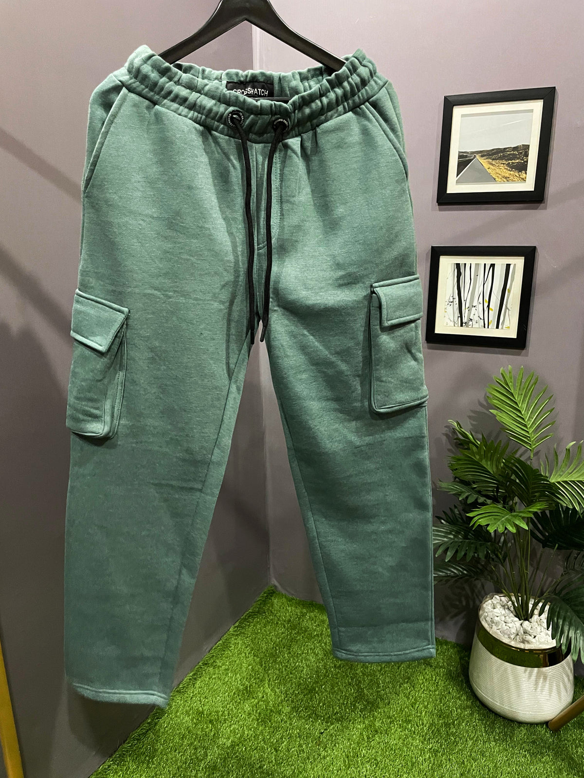 SEA GREEN 5 POCKETS FLEECE CARGO PANTS