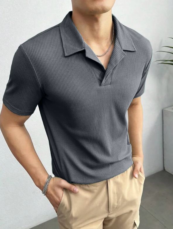 CHARCOAL GREY POLO WAFFLE KNIT TSHIRT