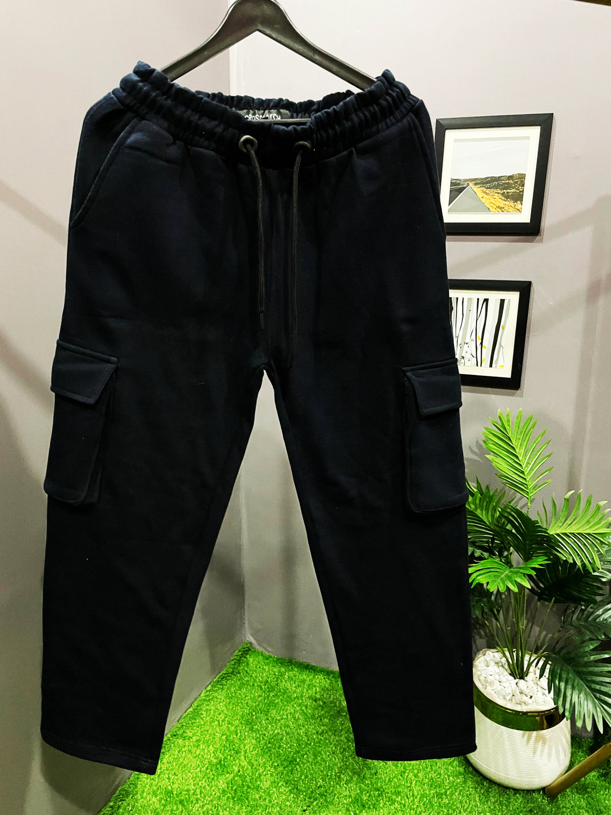 BLACK 5 POCKETS FLEECE CARGO PANTS